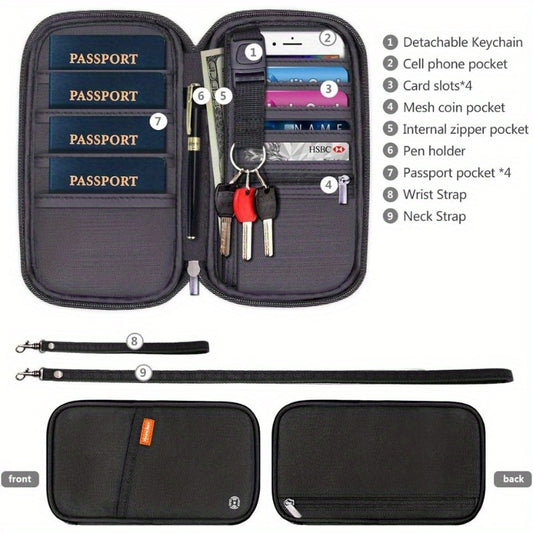 RFID Blocking Waterproof Passport Wallet Holder – Black Travel Document Organizer with Multiple Compartments, Credit Card Clutch Bag for Men and Women, Secure Travel Accessory | Sleek Wallet | Durable Zipper Closure