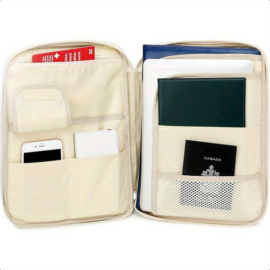 Dark Blue Travel Document Organizer - A4 Zipper Portfolio with Multiple Compartments, Durable Fabric & Ergonomic Handle for Business Travel, Office, School - Compact Portable File Holder, School Supply Storage, Smooth Texture Finish