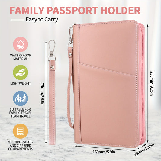 KISSKI RFID Blocking Waterproof Faux Leather Passport Holder for Family - Large Capacity Travel Document Organizer with Multiple Compartments, Credit Card Slots & Pen Holder, Lightweight Pink Travel Wallet